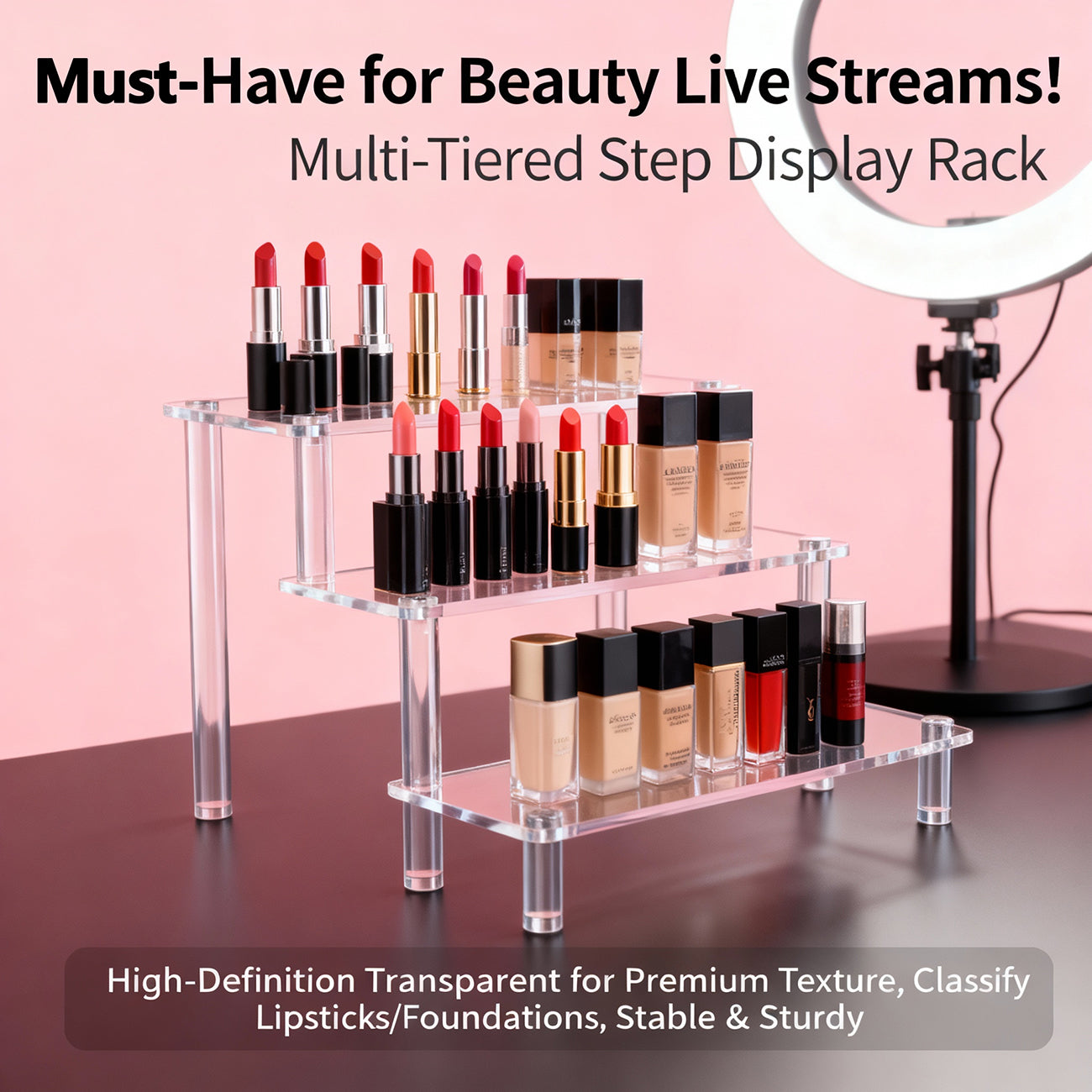 Beauty Live Stream Multi-Tiered Acrylic Display Rack - Clear Step Shelf for Makeup, Cosmetics Organization & Premium Product Showcasing